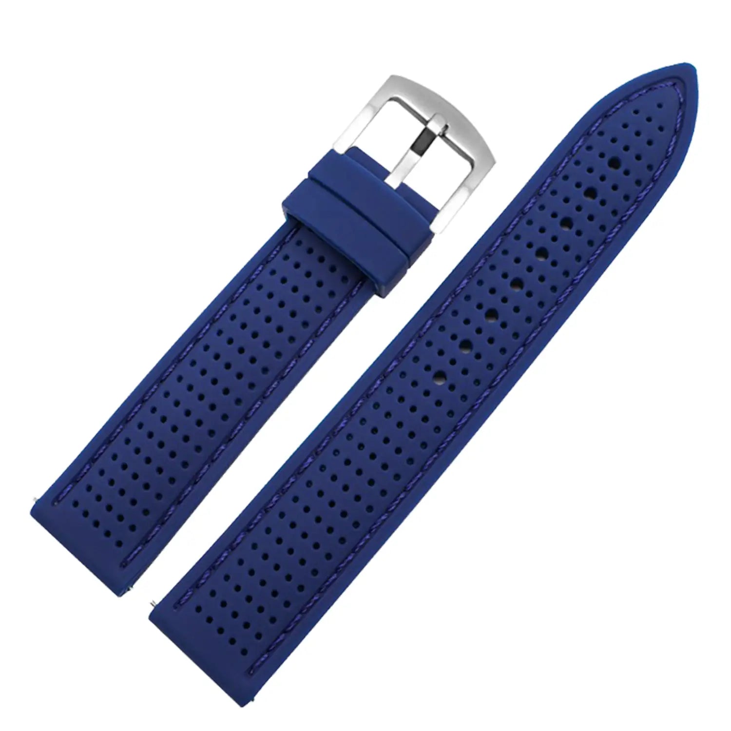 Blaues perforiertes Silikon-Uhrenarmband mit schnallenartigem Verschluss in Silberton und Schnellverschluss, erhältlich in 20 mm, 22 mm und 24 mm Größen.