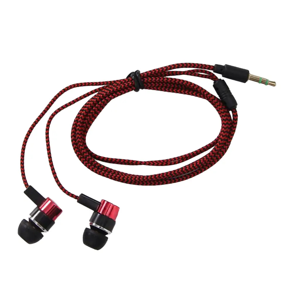 Red and black braided in-ear wired headphones with metallic accents featuring a bass stereo effect for enhanced sound quality.