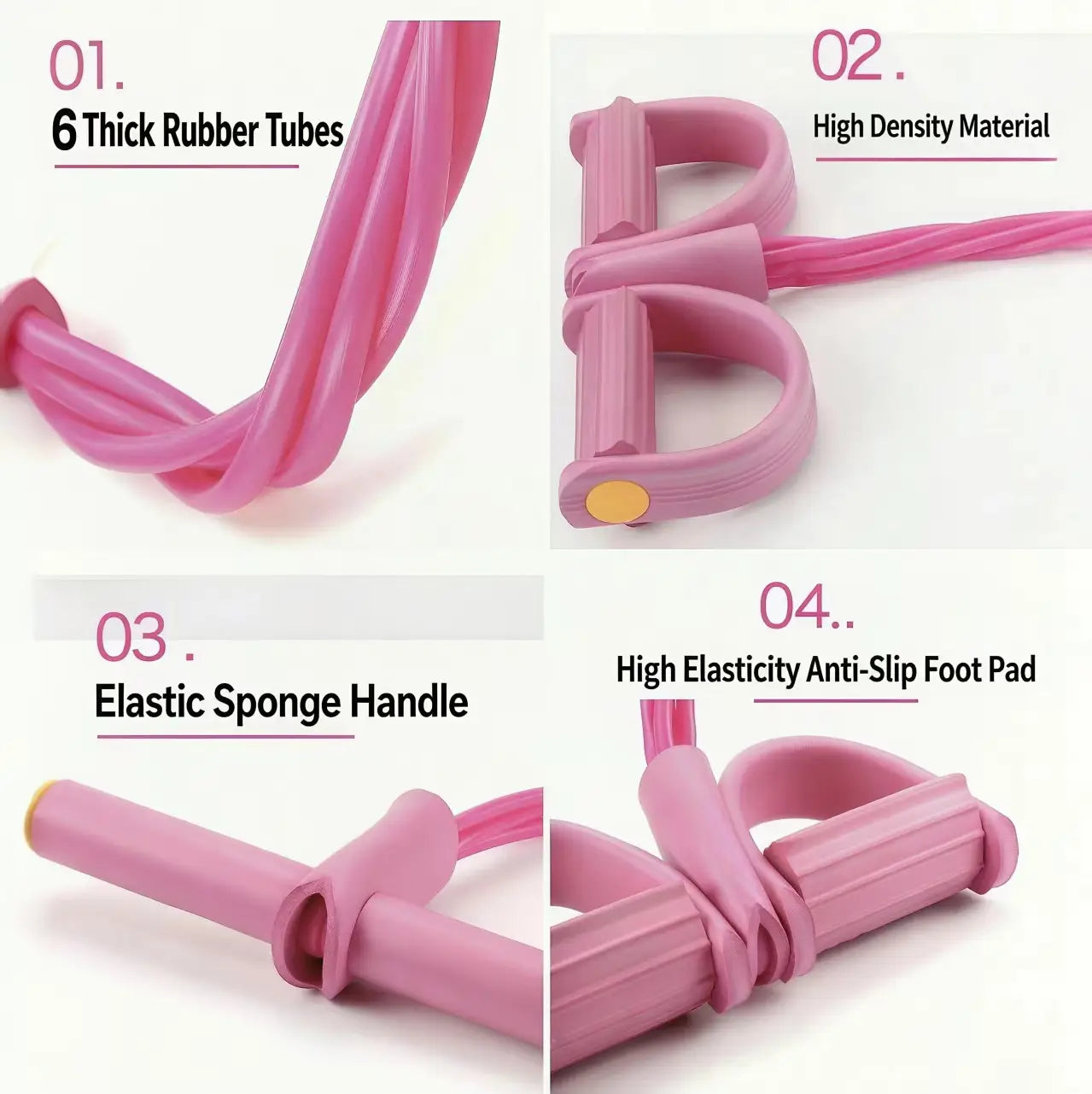 Pink 6-tube pedal resistance band fitness equipment featuring thick rubber tubes, high-density handles, and elastic sponge grips.