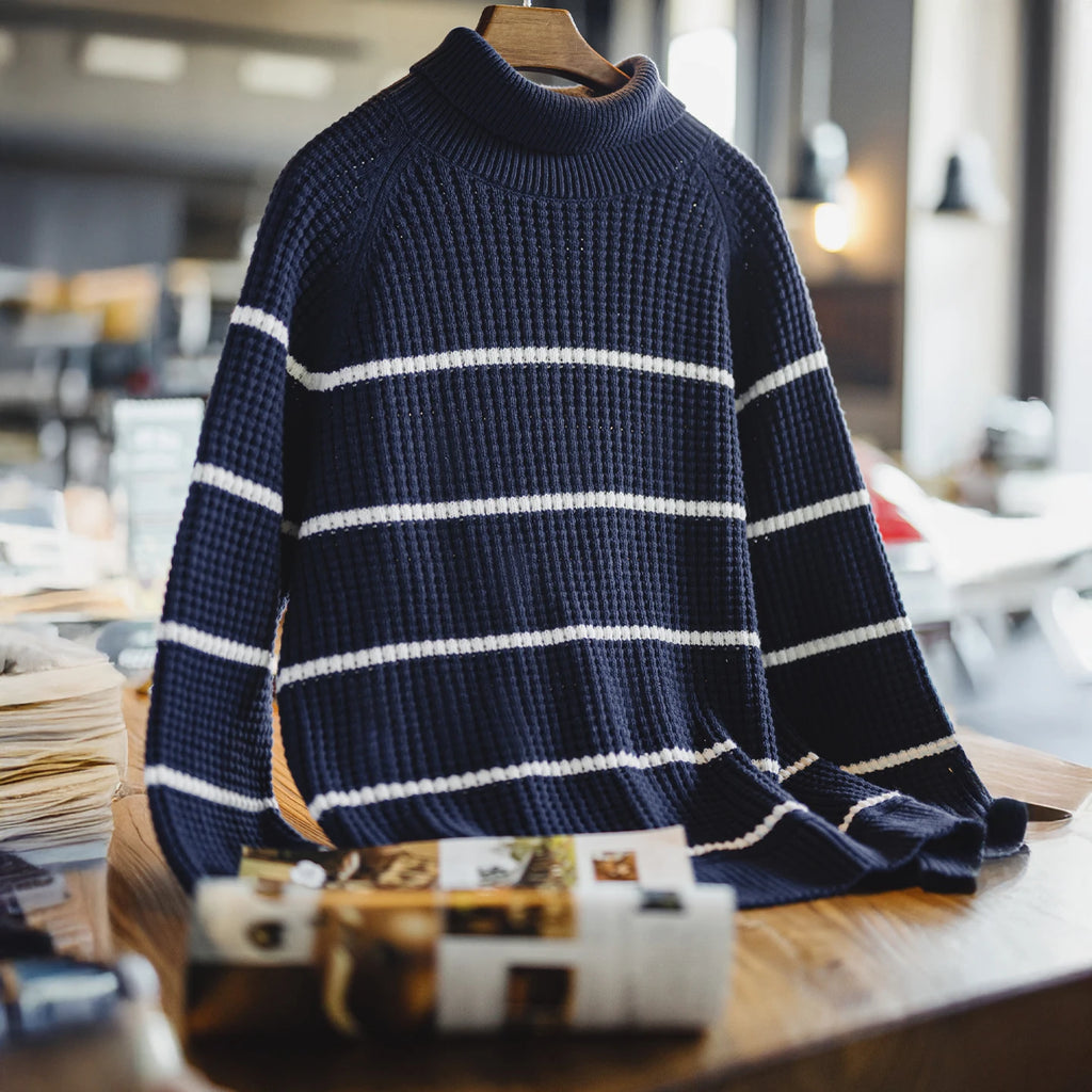 Maden Men’s Thick Turtleneck Knit Sweater Winter Warm Striped Pullover Retro Style Layering Soft Knitwear