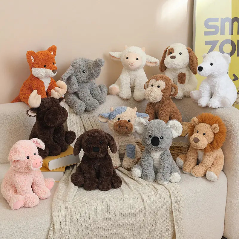 A collection of soft plush stuffed animal toys 25cm in various colors and designs made from plush material.