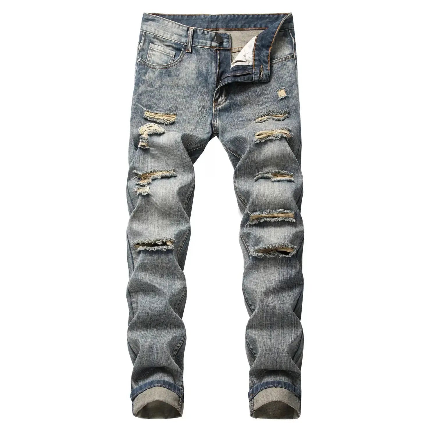 Distressed straight denim jeans for men in blue featuring multiple ripped and frayed patches along the legs.