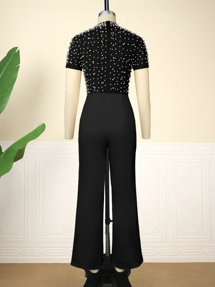 Elegant Jumpsuits & Rompers for Women O Nec Short Sleeve Beaded High Waisted Luxury Female Birthday Dinner Party Overalls Outfit