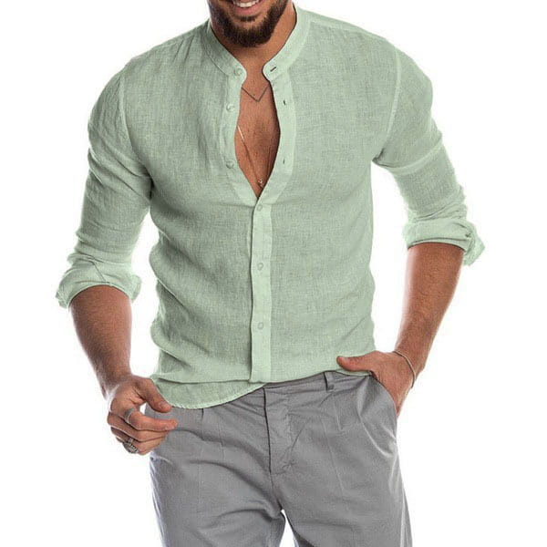 Light green men long sleeve linen button-up casual shirt with rolled sleeves and mandarin collar.