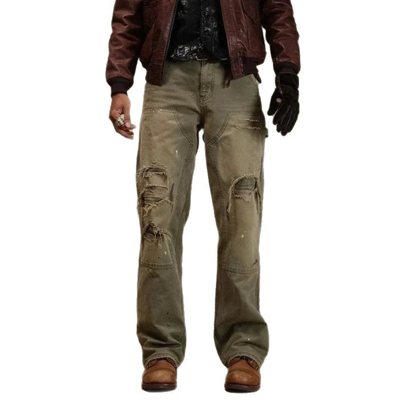 2026 New Men's Denim Trousers Trendy High Street Heavy Holes Old Loose Retro Straight Pants