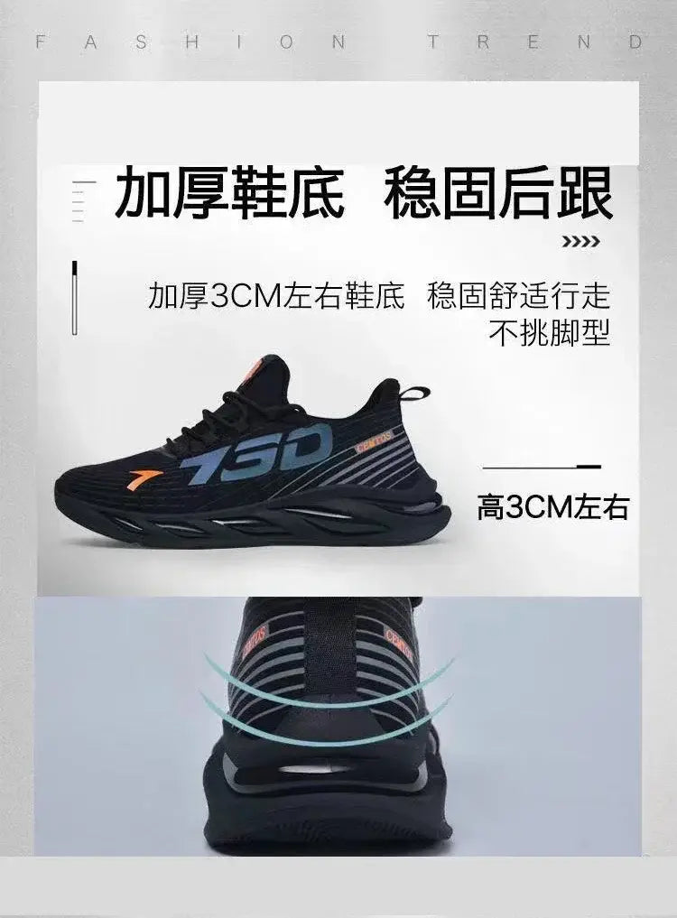 Chaussure décontractée à enfiler pour homme en noir, avec tissu respirant et touches orange et gris, comprenant une semelle en caoutchouc épaisse de 3 cm pour la course et la stabilité.
