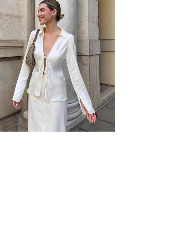 Women's Elegant Satin Shirt Blouses Lapel Long Sleeve Bowknot Lace-up Shirts Tops Female Temperament Slim V-neck Tops Streetwear
