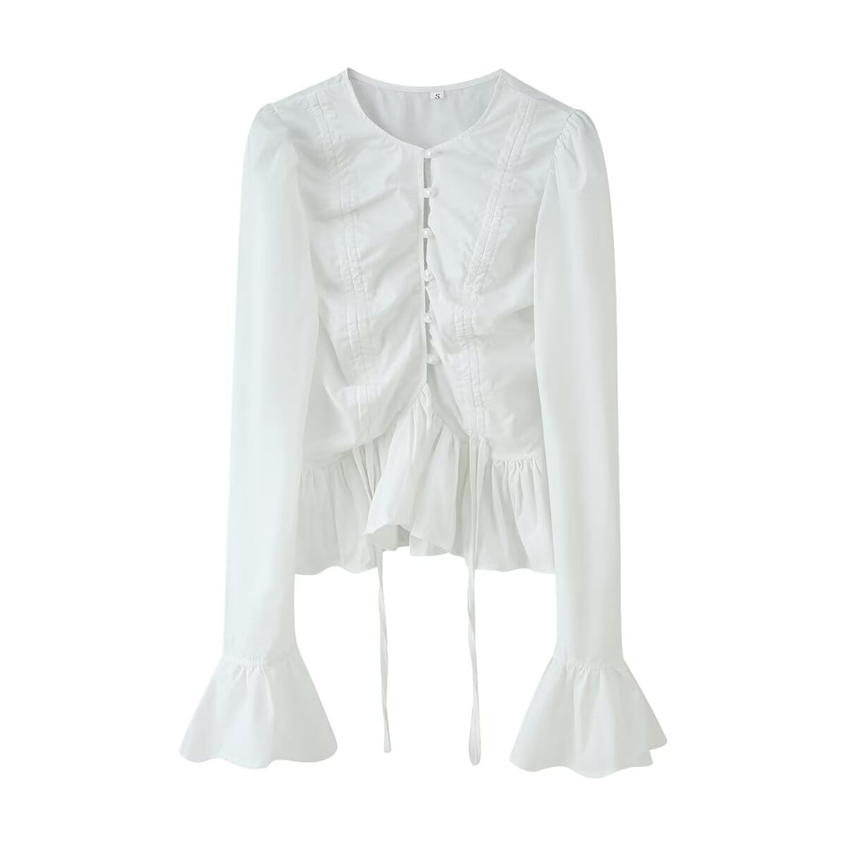 Women slim fit long sleeve round neck top in white featuring a ruched front, flared cuffs, and a frilled hem.