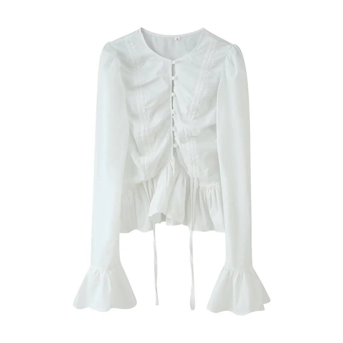Women's Long Sleeve Pure Color Drawstring Bell Bottom Top Versatile T-Shirt Comfortable Breathable Polyester round Neck Design
