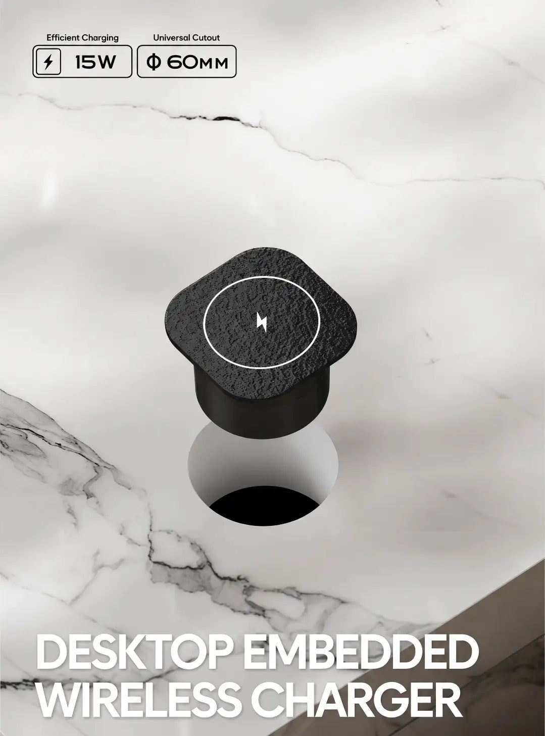 Black hexagonal embedded wireless desktop charger with textured surface and white circular indicator designed for 15w efficient charging.