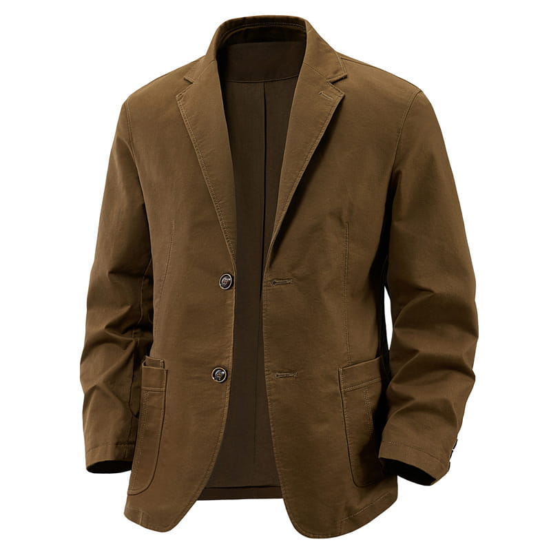 Men brown cotton casual blazer slim fit suit jacket featuring two front buttons and flap pockets.