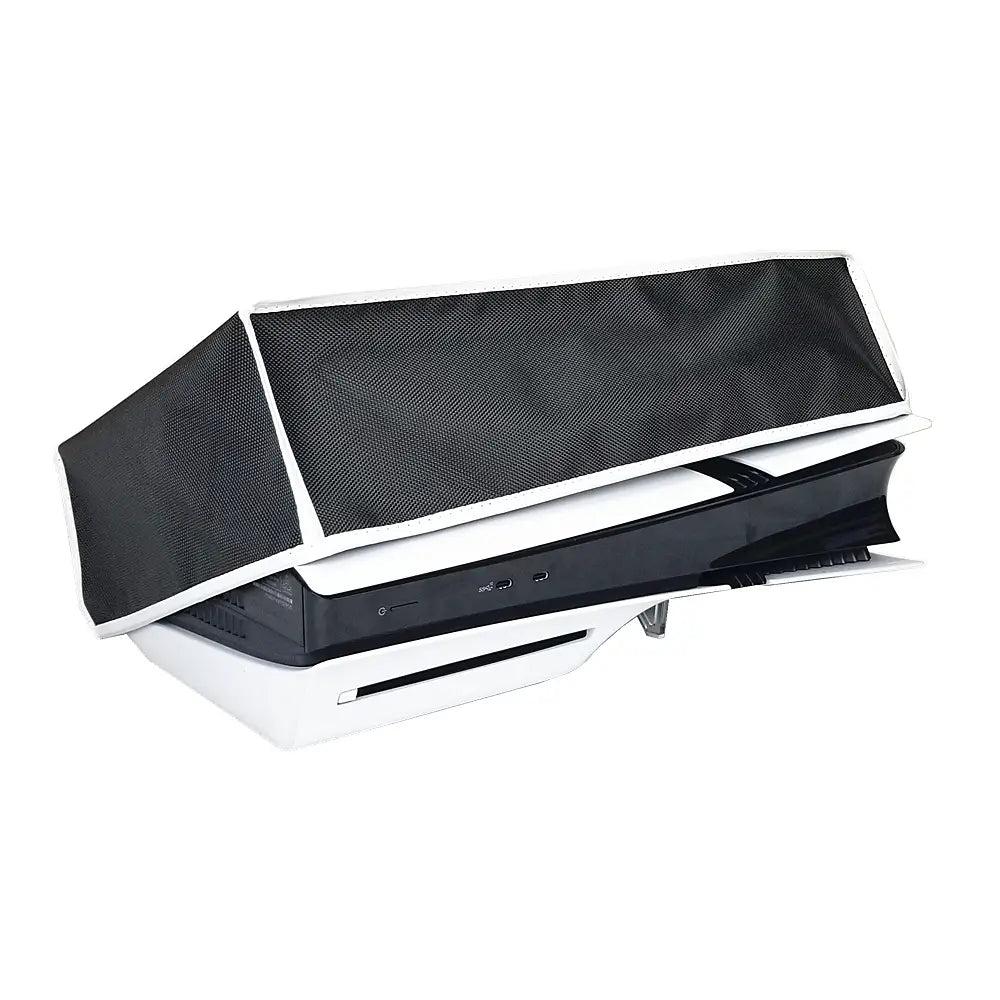 black mesh dust cover with white trim made of oxford cloth designed to fit over the ps5 pro console horizontally