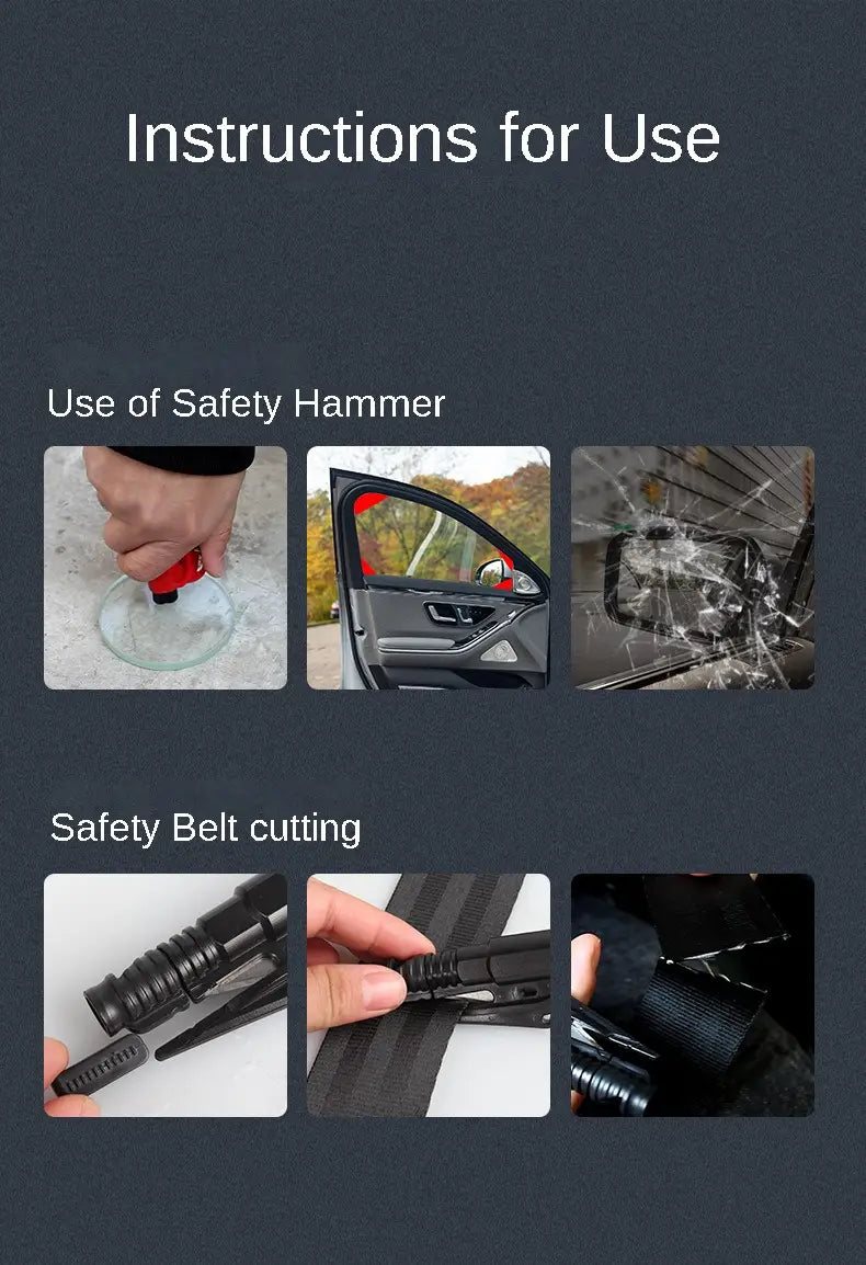 Schwarzer Multi-Tool-Autosicherheits-Hammer aus Metall mit integriertem Gurtmesser und Taschenlampe zur Verwendung für das Einschlagen von Fenstern und die Rettung.