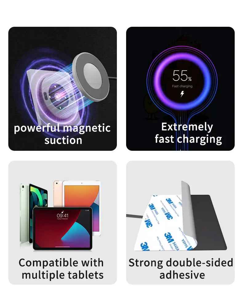 black circular wireless charging pad with magnetic suction and strong double-sided adhesive backing designed as a tablet wall mount magnetic bracket for ipad charger