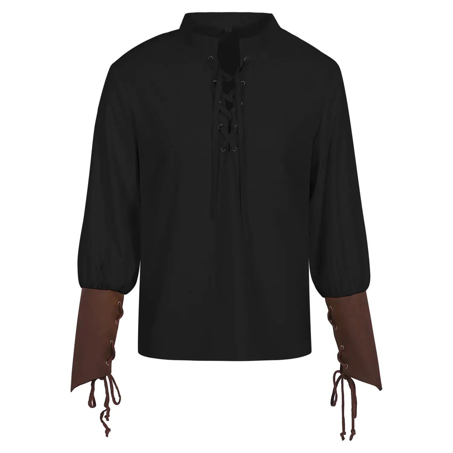 Mens pirate medieval renaissance lace up shirt in black with brown leather cuffs and front lacing details shown from the front.