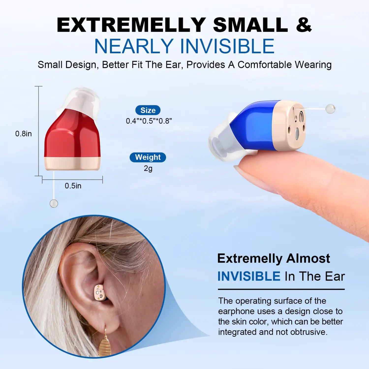 Amplificateurs d’aides auditives intra-auriculaires rechargeables en bleu et beige, dotés d’un design petit, élégant et discret, pour un port dans l’oreille invisible.