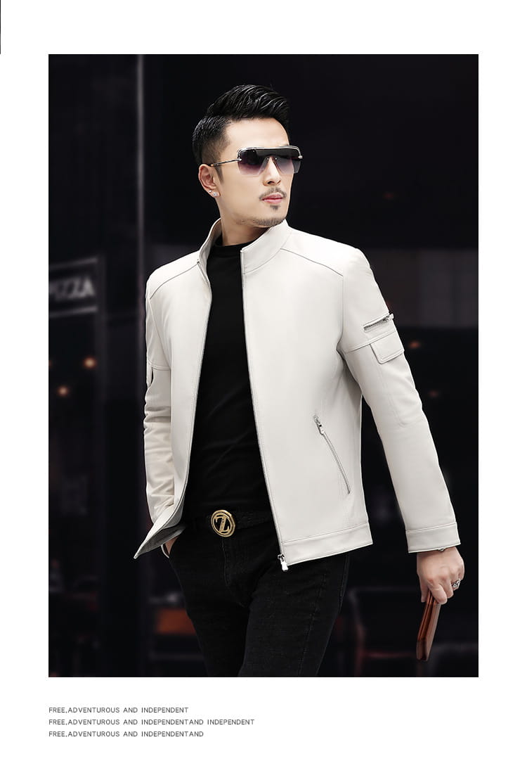 Veste en cuir ivoire épurée pour homme, col montant et poches zippées, idéale pour un usage professionnel masculin en hiver.