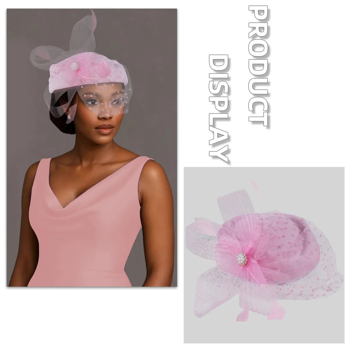 Women Bridal Fascinator with Feathers Dot Print Veil Elegant Pillbox Hats for Tea Party Wedding Church Fedoras Headscarf Bonnet