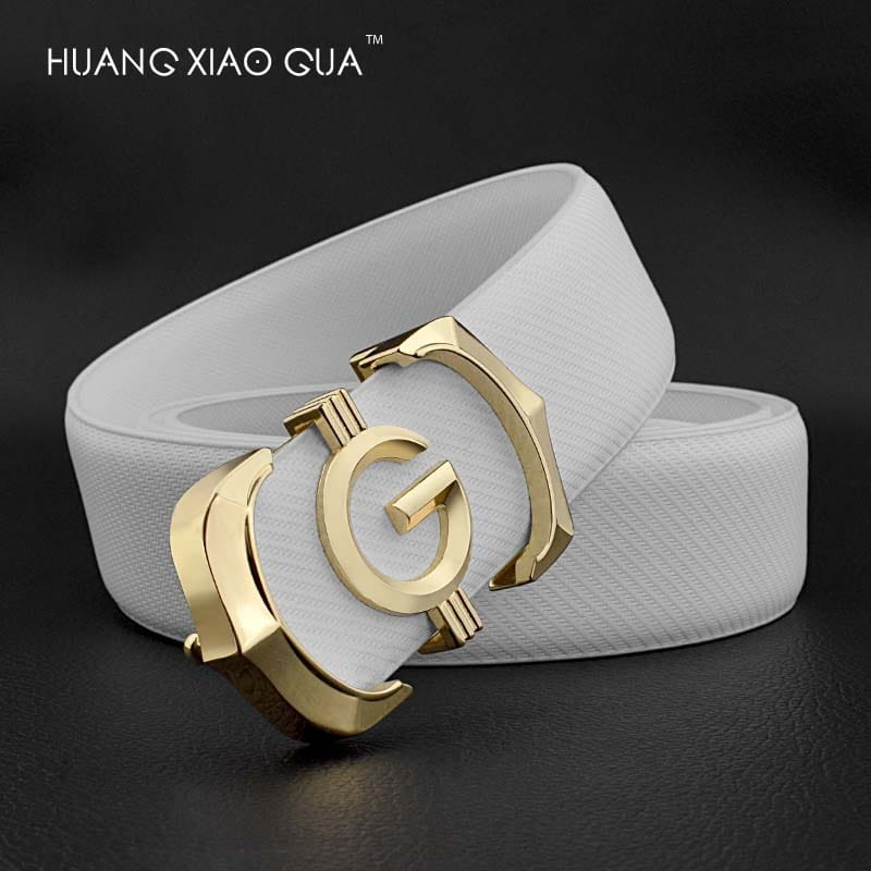 Ceinture en cuir blanc texturé pour homme avec une boucle au ton doré présentant un motif géométrique conçu avec un logo g à entrelacement.