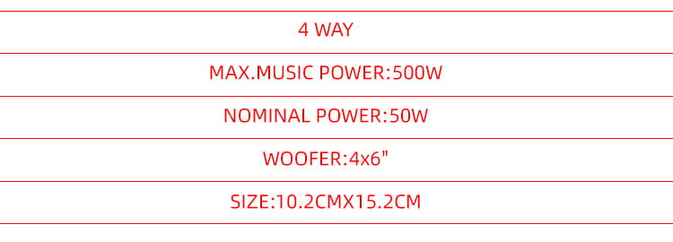 Dies ist ein 4x6-Autolautsprecher mit einer maximalen Musikleistung von 500 W, einer Nennleistung von 50 W, vier 6-Zoll-Tieftönern sowie den Abmessungen von 10,2 cm bis 15,2 cm, ausgelegt für koaxiale Audiosysteme.