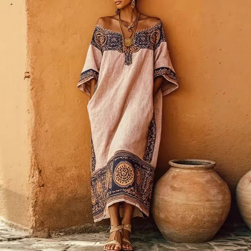 Ethnic Sexy Off Shoulder Hollow Out Long Dress Woman Spring Geometric Print Pocket Loose Maxi Dress Summer Casual Vacation Dress