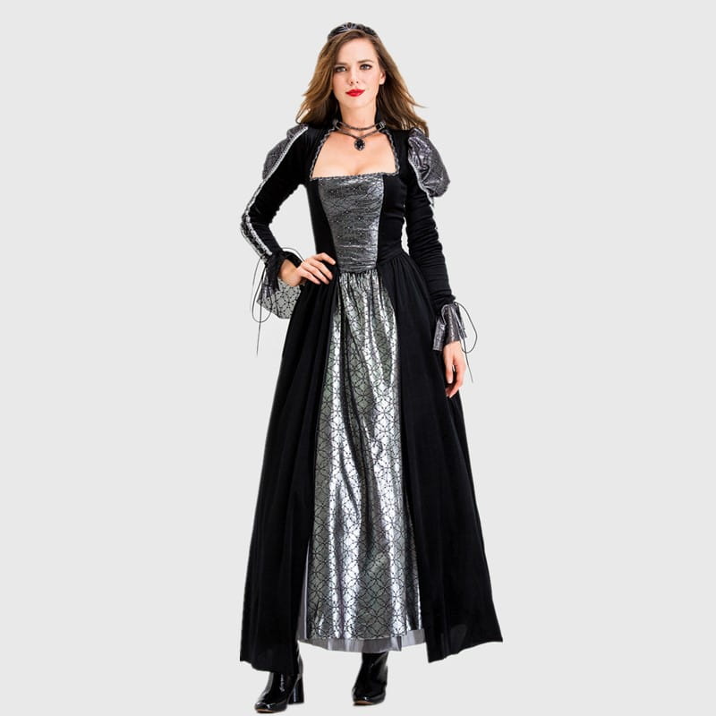 Elegant black velvet gothic vampire queen costume featuring a fitted bodice with silver metallic embroidery, long flowing sleeves, and an ornate skirt.