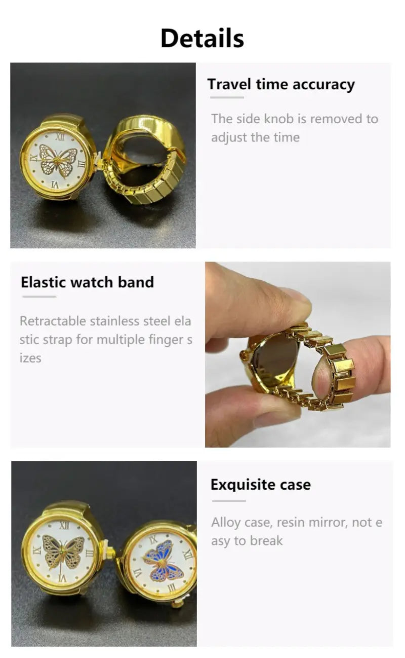 Gold butterfly watch ring featuring a gold-colored butterfly design with a retractable stainless steel band and an alloy case with a resin mirror face.