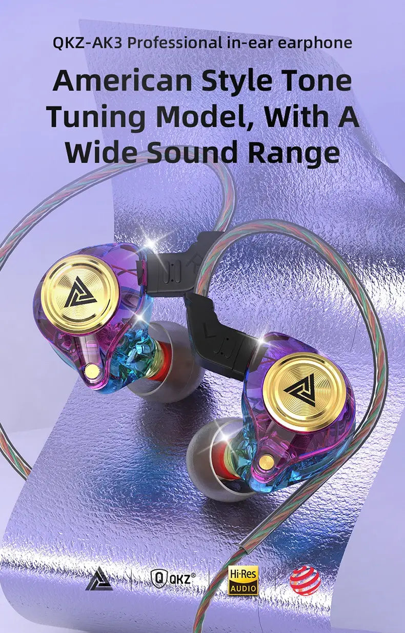 Casque d’écoute intra-auriculaire filaire Qkz AK3 aux reflets irisés violet et bleu avec boîtiers de transducteurs plaqués or, conçu pour des performances audio de haute qualité