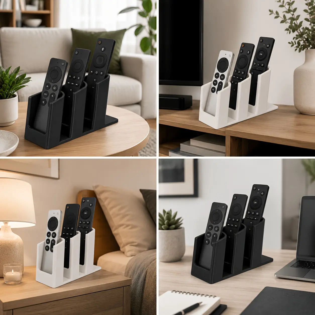 Black and white plastic remote control organizer holder stand with three slots for convenient storage.