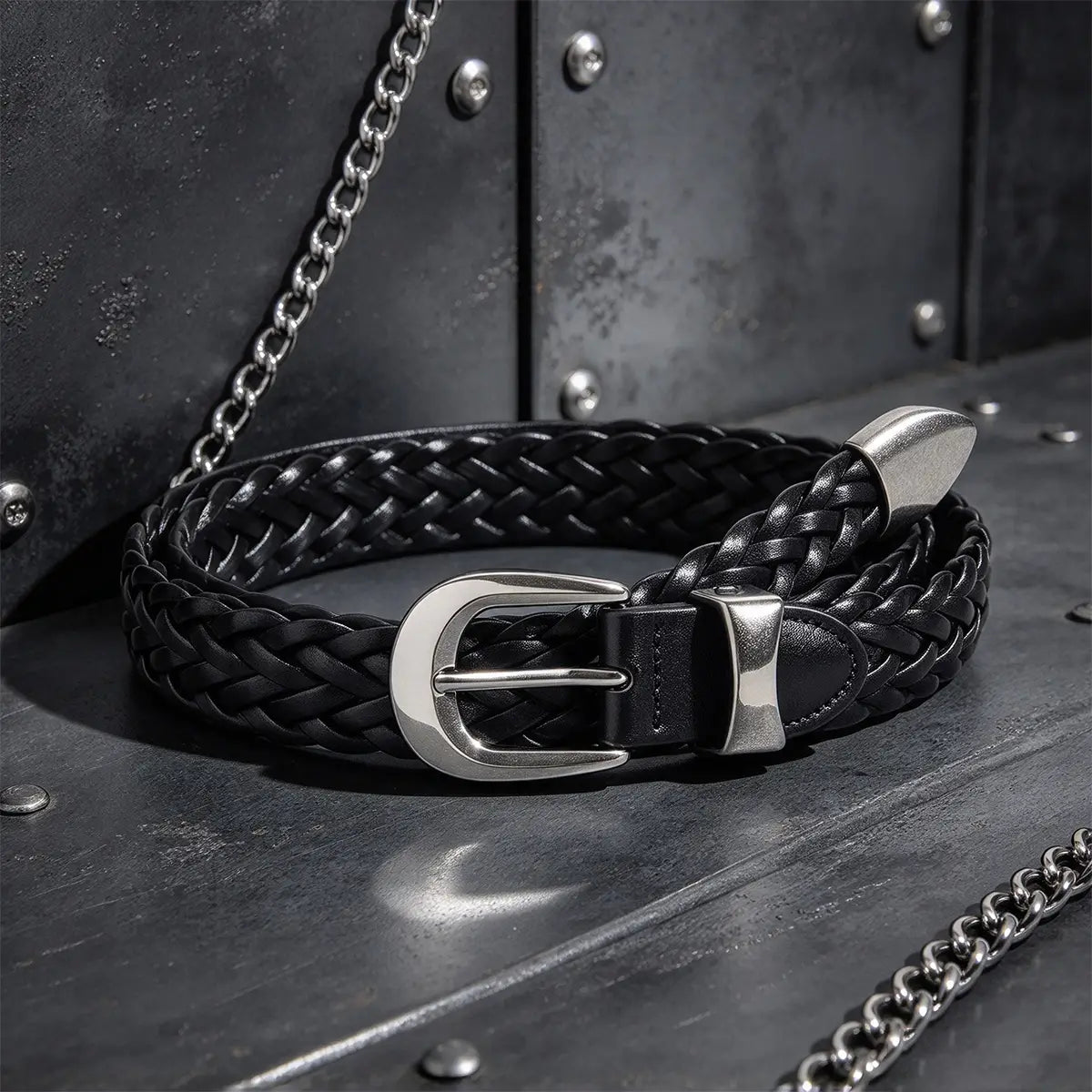 Black braided leather fashion belt male with silver-toned buckle and chain accent luxury designer punk belt male cross waistband.