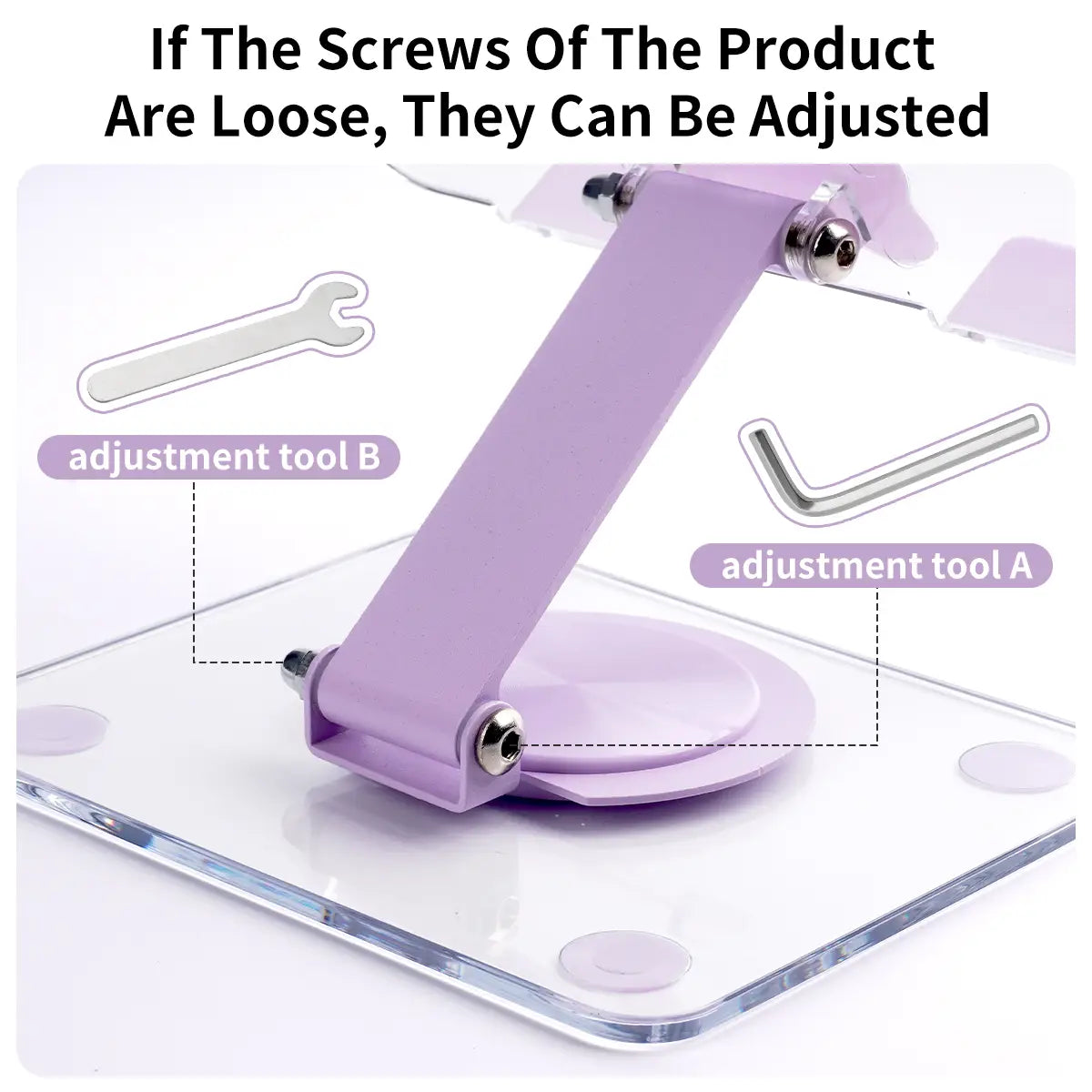 purple adjustable desk lamp with sleek minimalist design and metallic screw fastenings shown alongside acrylic tablet stand with 360 rotating heat dissipation feature