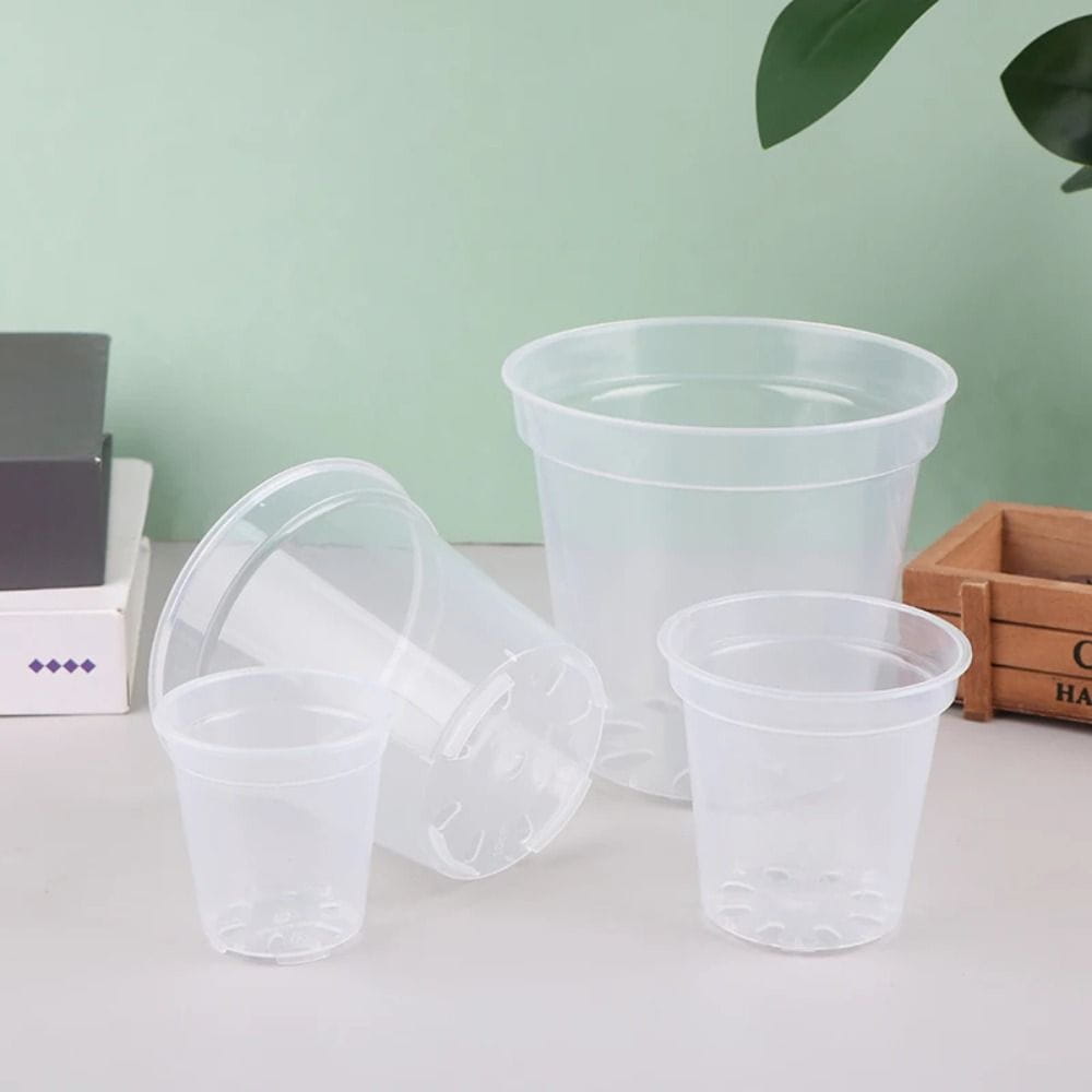 Macetas transparentes de plástico con recipiente de paredes claras, fabricadas en plástico resistente, en tamaños variados, con un diseño cilíndrico sencillo, bordes ligeramente abiertos hacia afuera y bases con textura, adecuadas para uso en vivero.