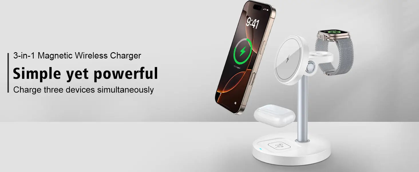white 3-in-1 magnetic wireless charger stand for Apple with a sleek minimalist design charging a smartphone smartwatch and earbuds.