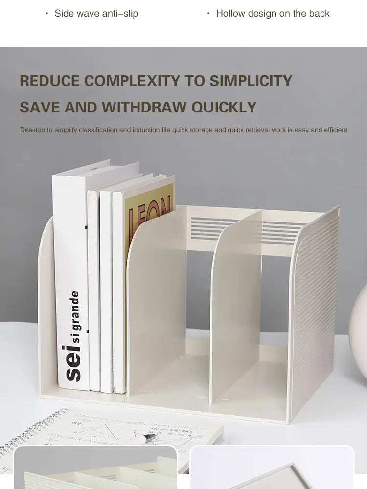 White plastic desktop book organizer with side wave anti-slip design and hollow back for desk storage and book organization shown from the back side.