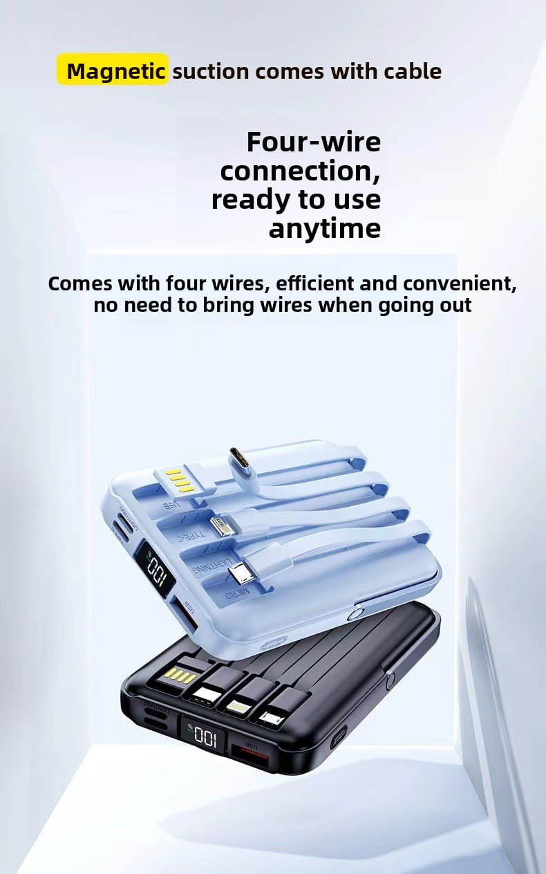 Banco de energía portátil negro con diseño rectangular elegante, múltiples puertos USB y función de cargador inalámbrico magnético con soporte de carga rápida.
