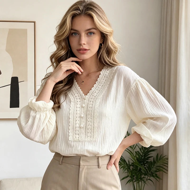 Women's Shirt Summer Loose Long Sleeve Women's Blouse Office Lady Elegant White Tops V-neck Casual Lantern Sleeve Female Shirts