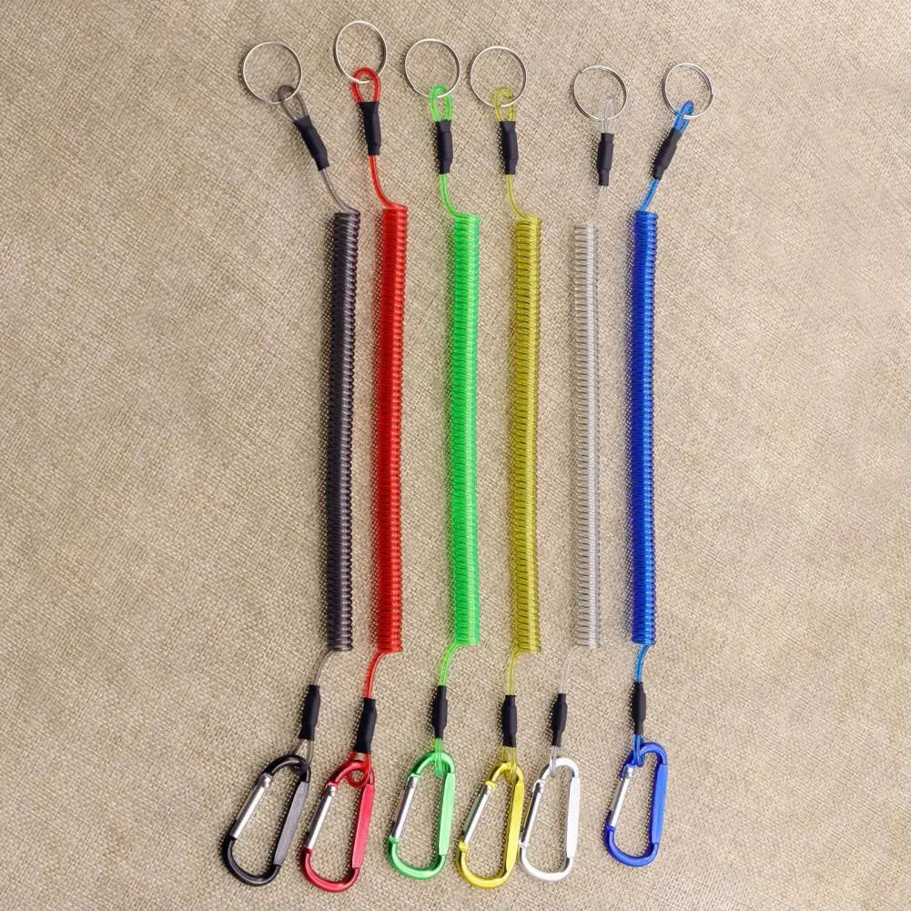A set of colorful coiled retractable spring anti-lost lanyard keychains with matching carabiner clips made of durable material for secure attachment and easy access.