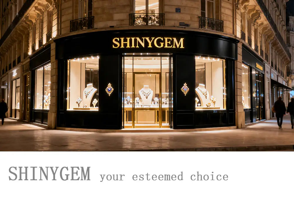 黒い外壁と金色のレタリングを備えたShinygemの宝飾店では、照明を備えたガラス窓が、優雅なダイヤモンドのネックレスと並んで、インペリアルジャスパーのゴールドスクエアスタッドイヤリングを展示しています。
