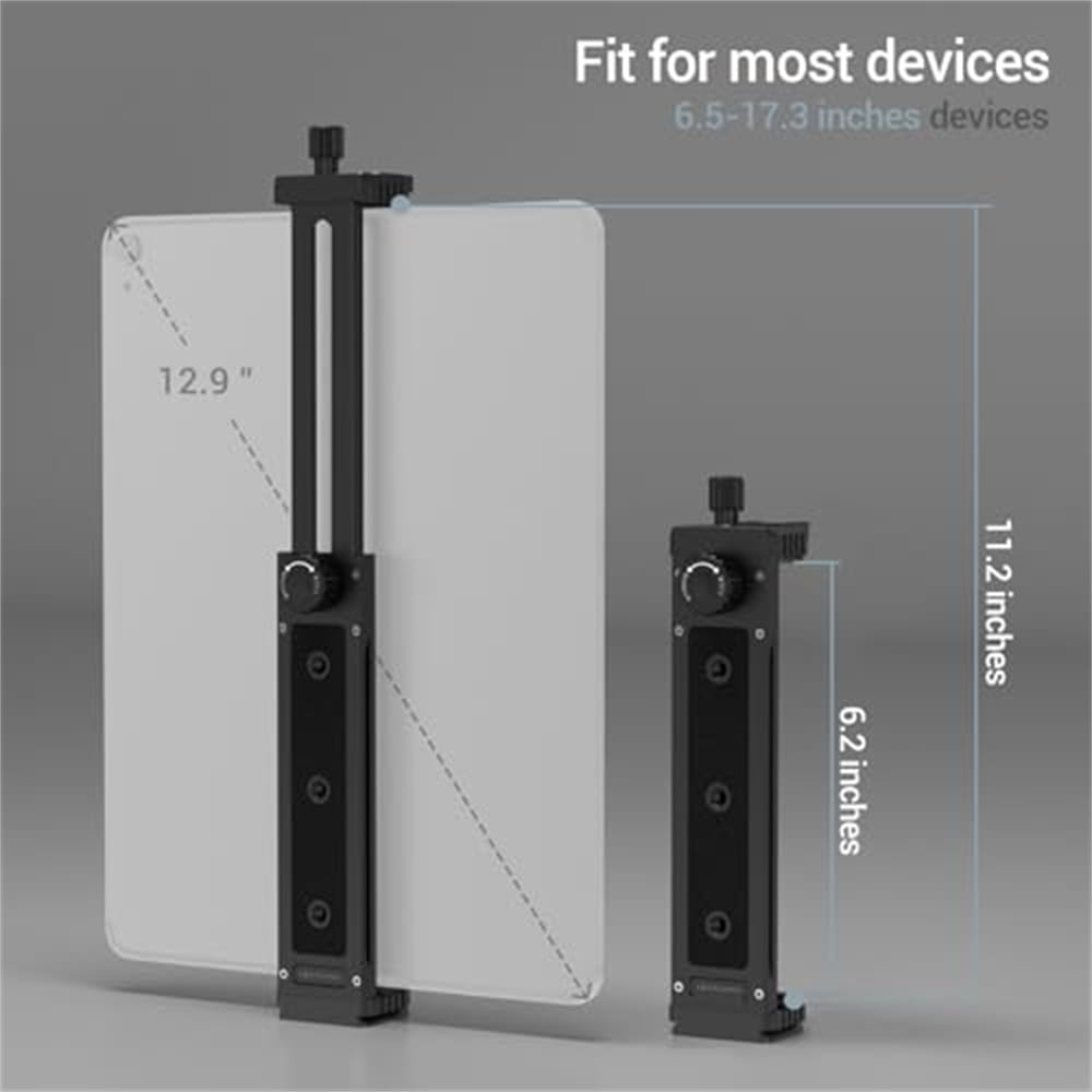 Black adjustable aluminum tripod mount adapter smartphone stand with sleek minimalist design and precise measurement markings for universal tripod mount compatibility.