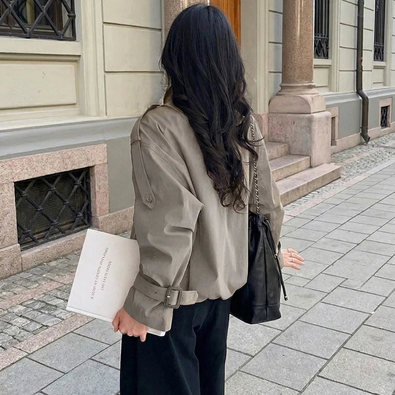 Women Relaxed Fit Short Utility Trench Jacket High Funnel Neck Epaulet Design Double Breasted Cropped Coat Commuter Outerwear