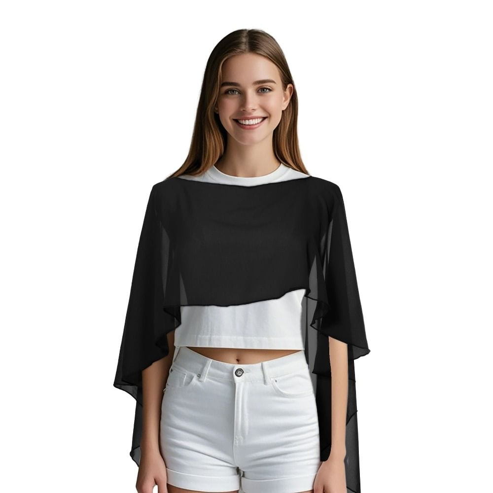 Schwarze transparente Chiffon-Hochzeitscape-Sonnenschutz-Wickelshawl mit weißem, kurzem Oberteil und gerafftem Saum.
