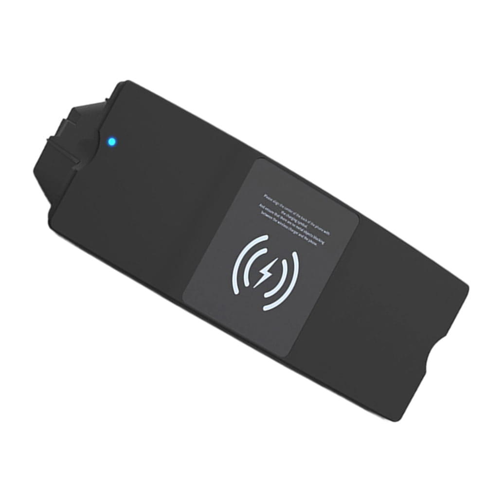 Black wireless charging pad for Audi A6 and A7 with 15w fast charging, featuring a blue indicator light and white lightning bolt symbol on its surface.
