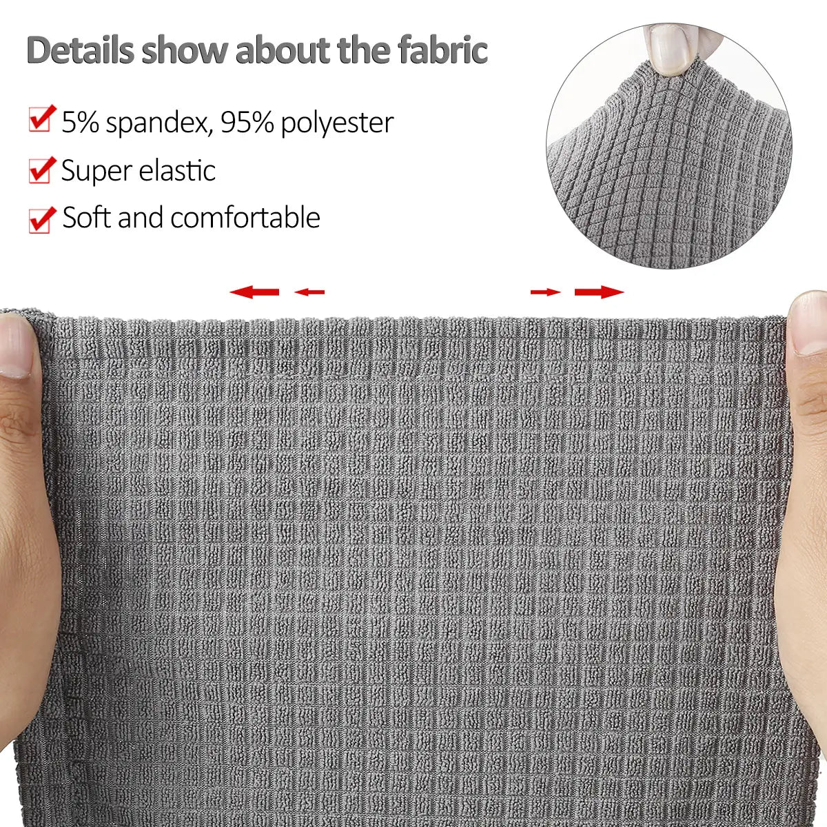 Graue Waffelstrick-Abdeckung für die Armlehne aus wasserabweisendem Stretch in Dunkelgrau-Spandex, gefertigt aus 5 Prozent Spandex und 95 Prozent Polyester mit einem strukturierten, gitterartigen Muster.
