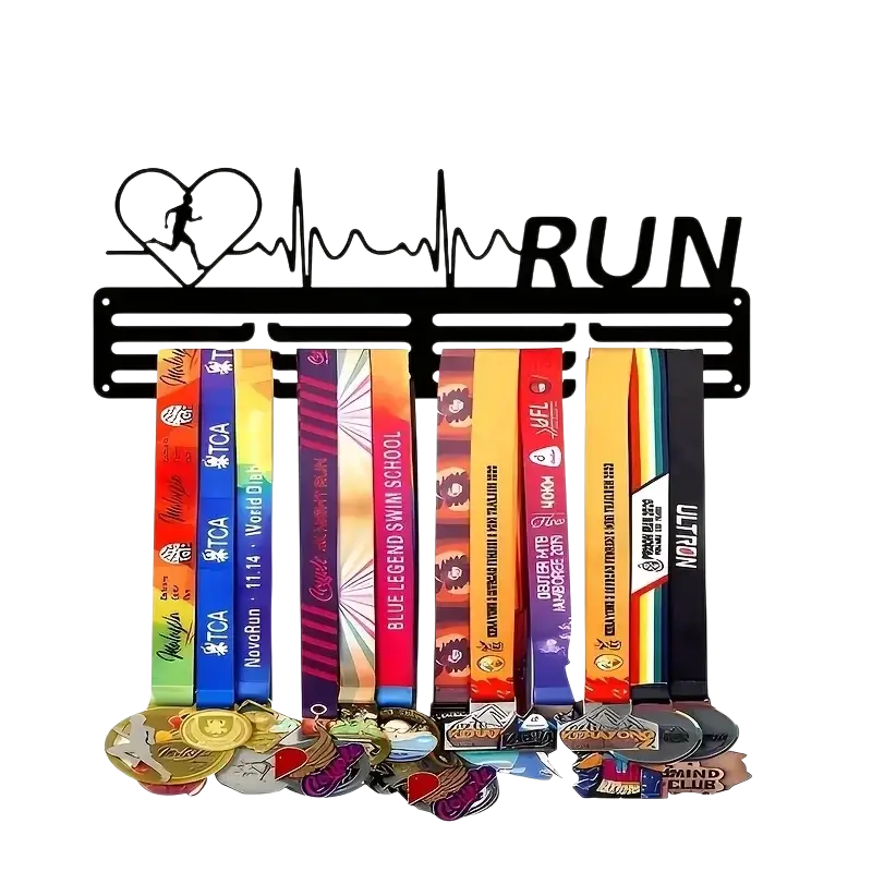 Black metal medal hanging rack with heart and heartbeat design above the word run for marathon runners