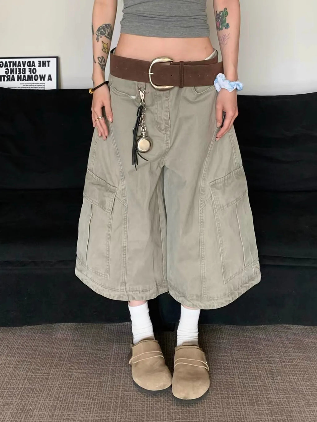 Women Denim High Waist Baggy Wide Leg Knee Length Jeans Shorts Grey Casual Loose American Streetwear Female Denim Short Pants