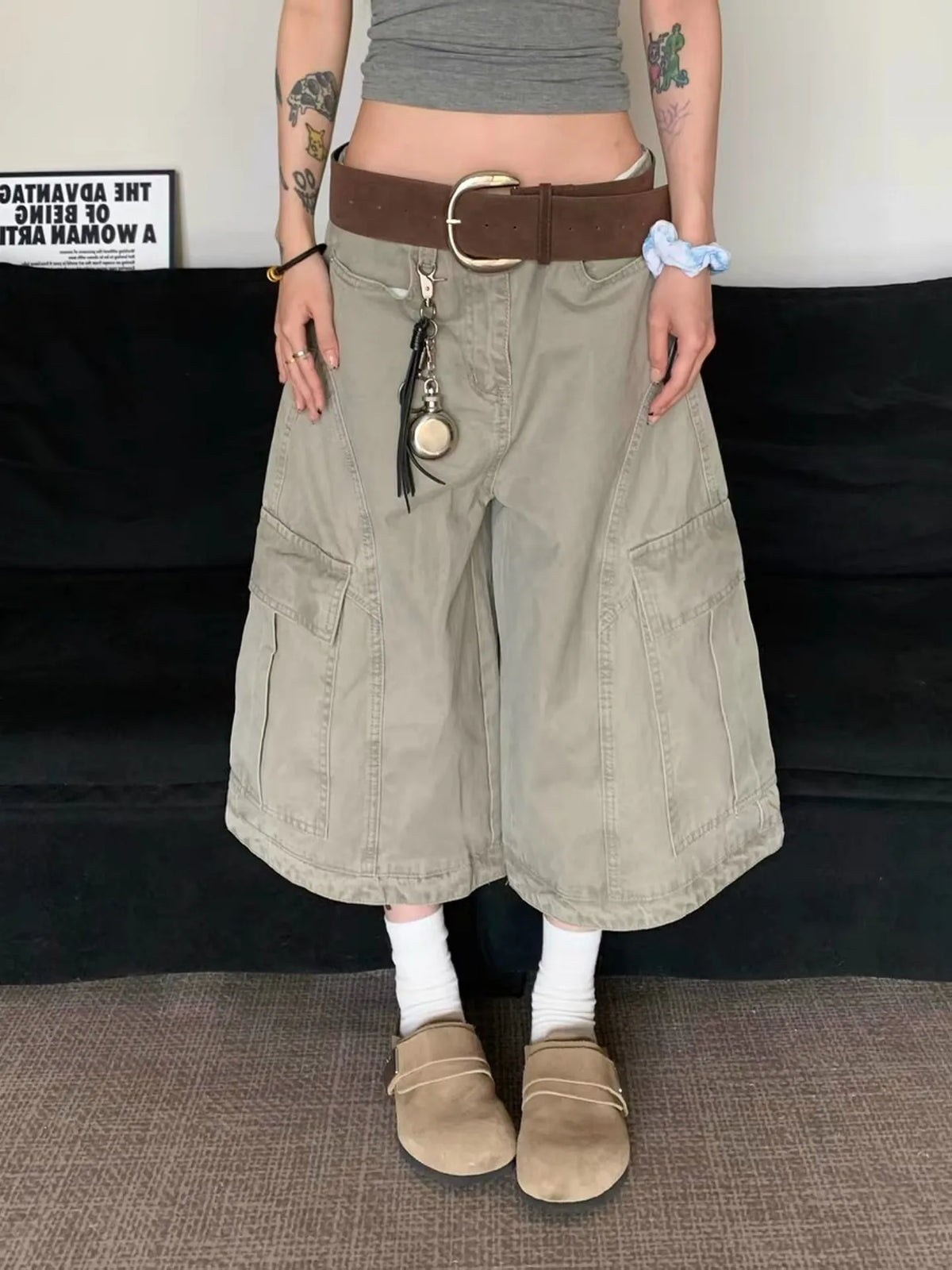 Women Denim High Waist Baggy Wide Leg Knee Length Jeans Shorts Grey Casual Loose American Streetwear Female Denim Short Pants