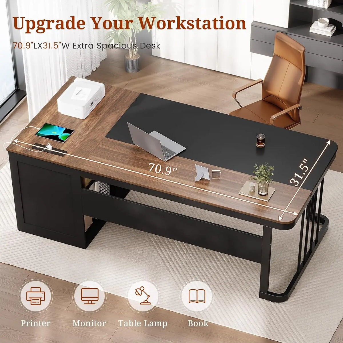 70.9" Executive Desk with Power Outlet & Drawers, File Cabinet Computer Desk with Adjustable Shelves, Workstation, Customized
