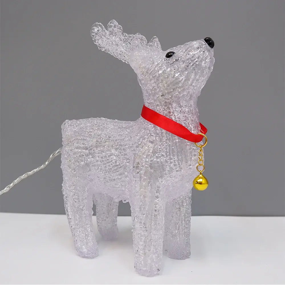 LED-Rentier-Weihnachtsornamentlicht mit einer klaren, strukturierten Figur mit rotem Halsband und goldener Glocke.