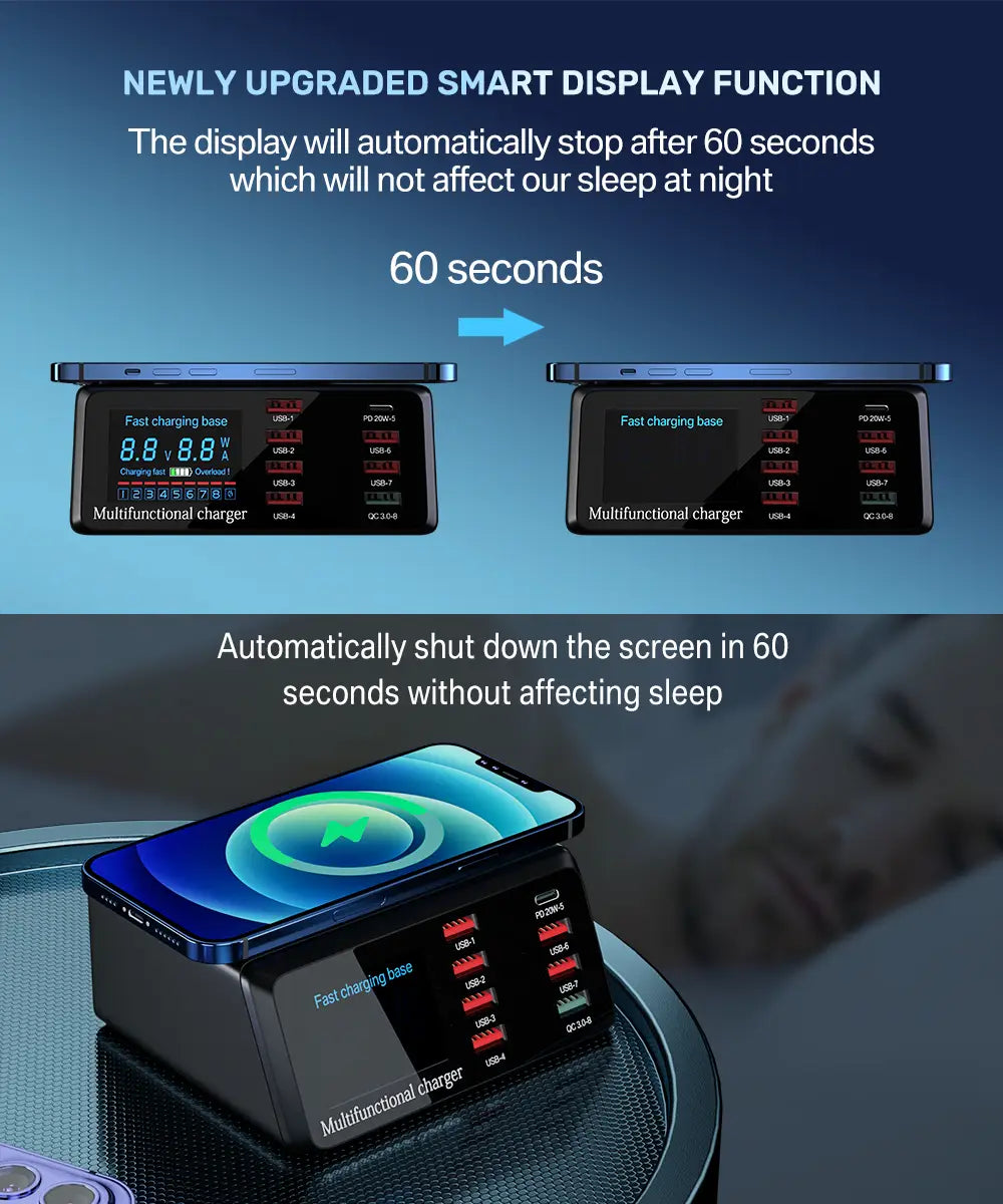 Station de charge USB asometech 100 W noire, dotée d’une capacité de charge rapide, de plusieurs ports USB et d’un écran d’affichage numérique.