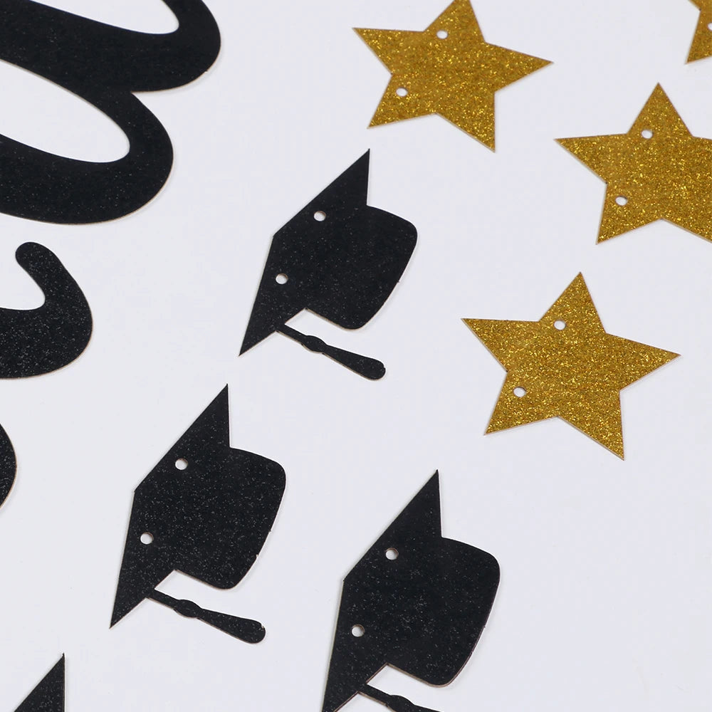 Happy Graduation Banner Black Gold Glitter with Grad Caps Decoration for Graduation Party Supplies